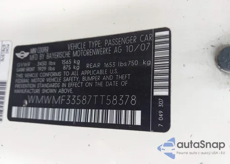 2007 Mini Cooper from USA, damaged, VIN WMWMF33587TT58378